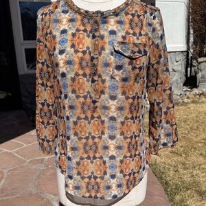 Sheer Floral 3/4 Sleeve Half Button Neckline Beaded Detail Blouse